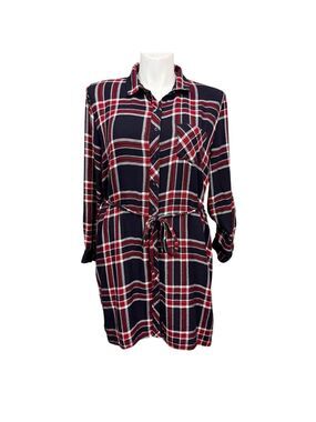 BLL NYC Red Black Plaid Button Front Belted Shirt Dress XXL